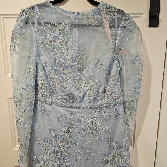 Mac Duggal 68020 Blue Embellished Lace Long Sleeve Beaded Midi Dress Size 12 - Picture 3 of 9